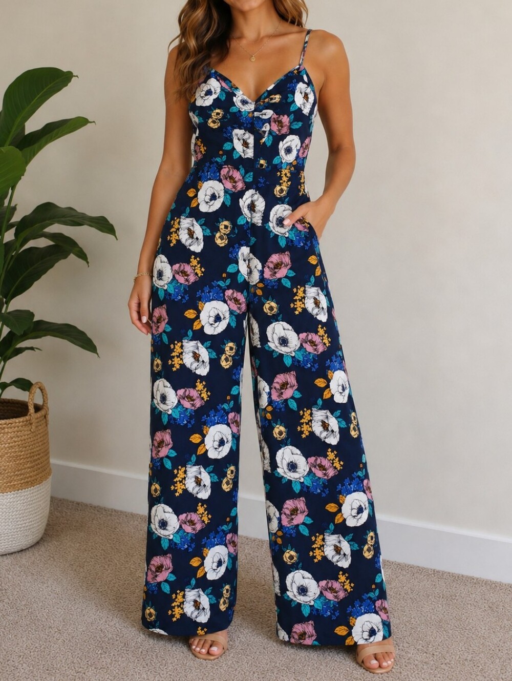 Band of Gypsies Navy Floral Wide-Leg Jumpsuit